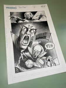 page 4/50 of my very first comic book SPACEFERATU a night gone wrong this project is all done traditionally , coloring/text process is done digitally as for now i don't have a specific time frame for the release of issue 1 but i am expecting by the end this year 2026 this page is done with tombow ink pen and sumi ink 60 on 11"x17" strahmore 300 series i will be posting more !! stay tuned