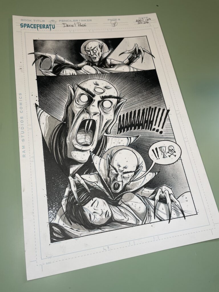page 4/50 of my very first comic book SPACEFERATU a night gone wrong this project is all done traditionally , coloring/text process is done digitally as for now i don't have a specific time frame for the release of issue 1 but i am expecting by the end this year 2026 this page is done with tombow ink pen and sumi ink 60 on 11"x17"  strahmore 300 series i will be posting more !! stay tuned